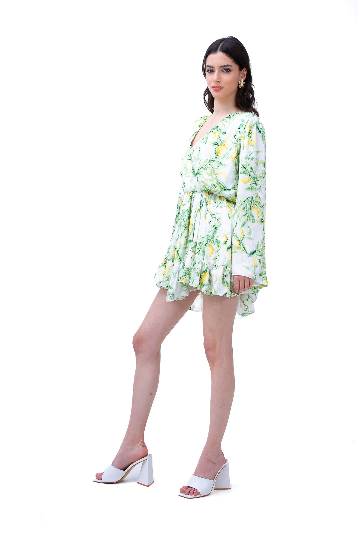 Lemon Printed Mini Dress With Flared Sleeves