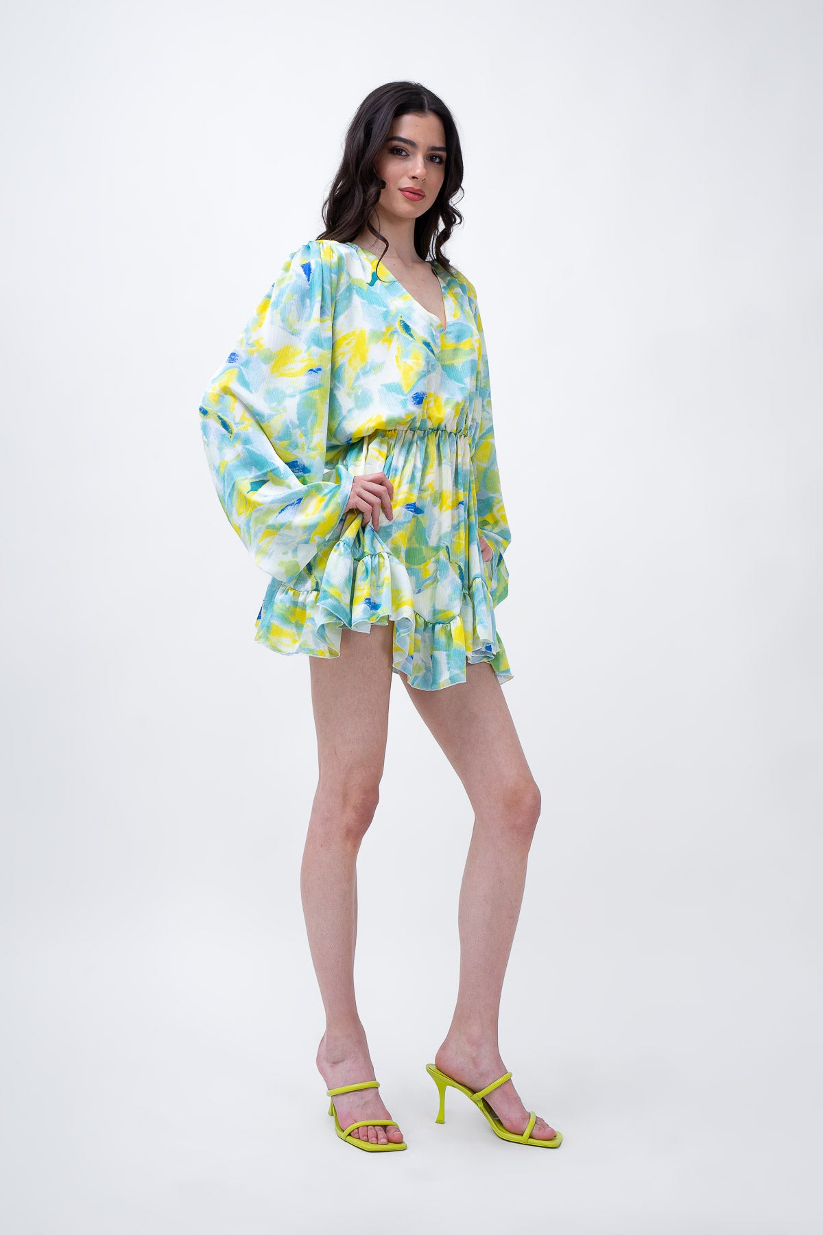 Green Printed Mini Dress With Flared Sleeves