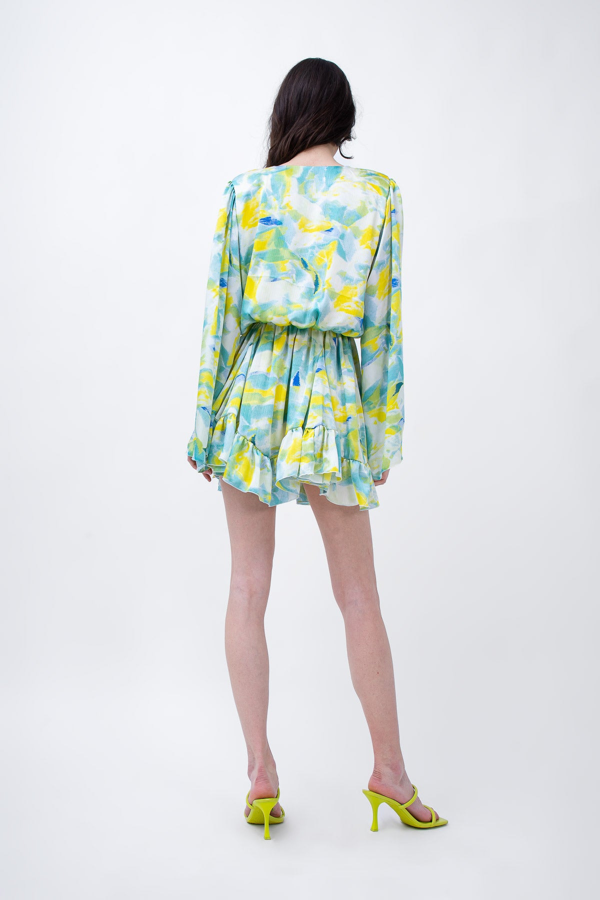 Green Printed Mini Dress With Flared Sleeves