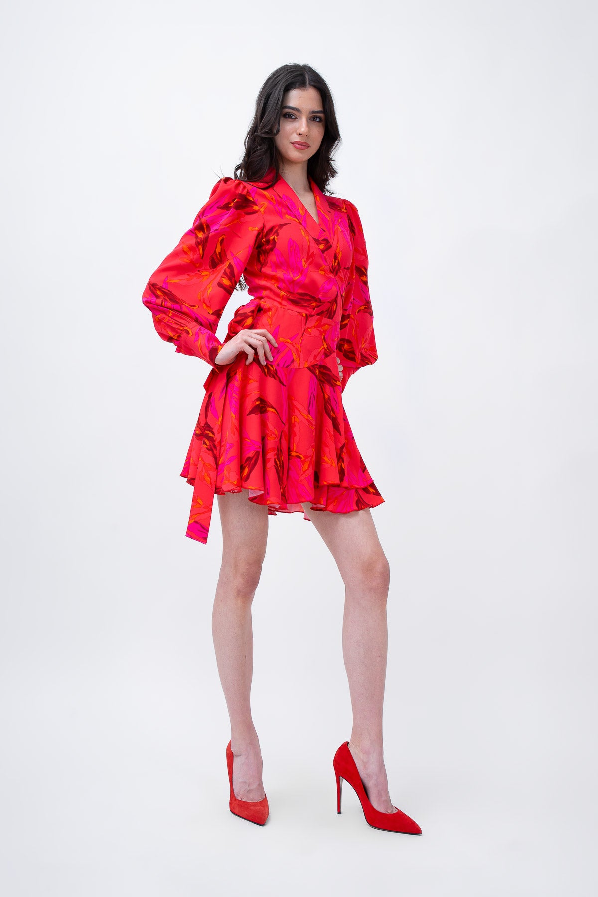 Red Printed Mini Dress With Lapels
