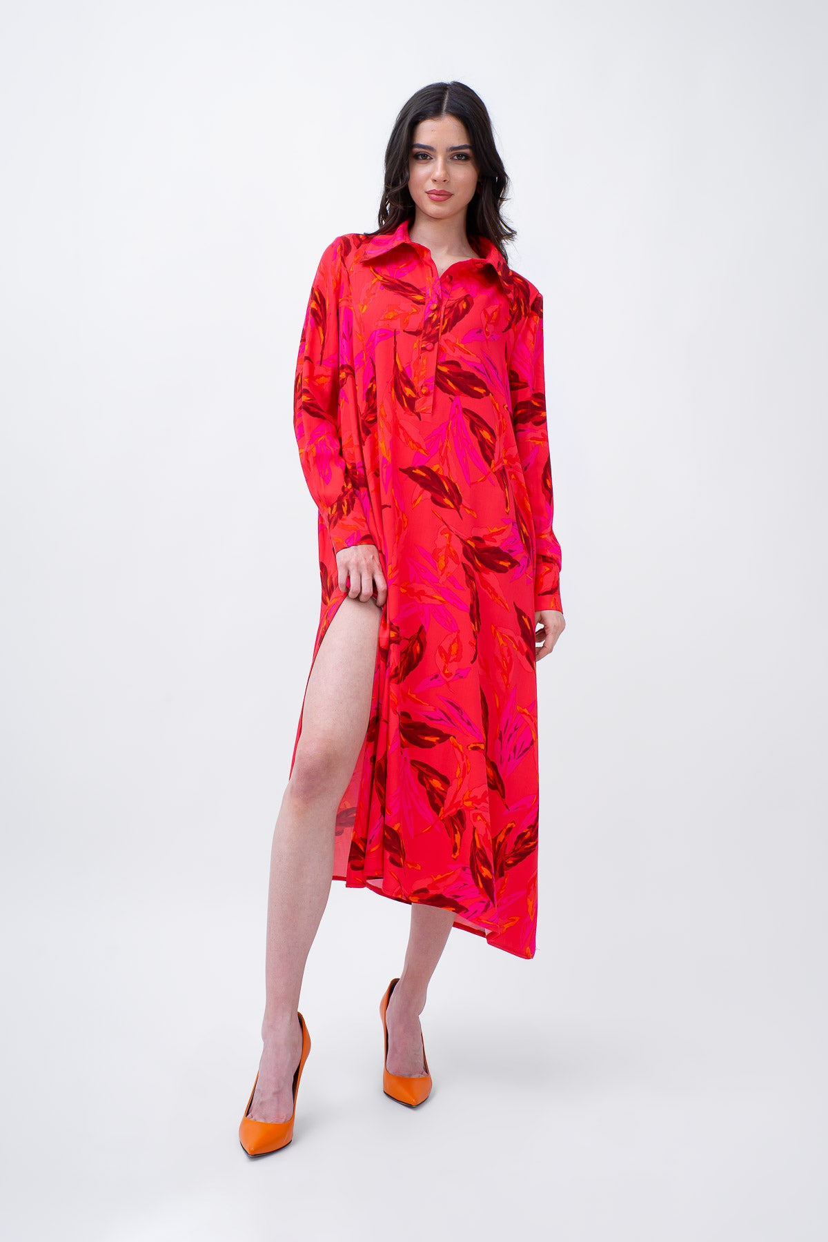 Red Printed Midi Dress With Side Slit