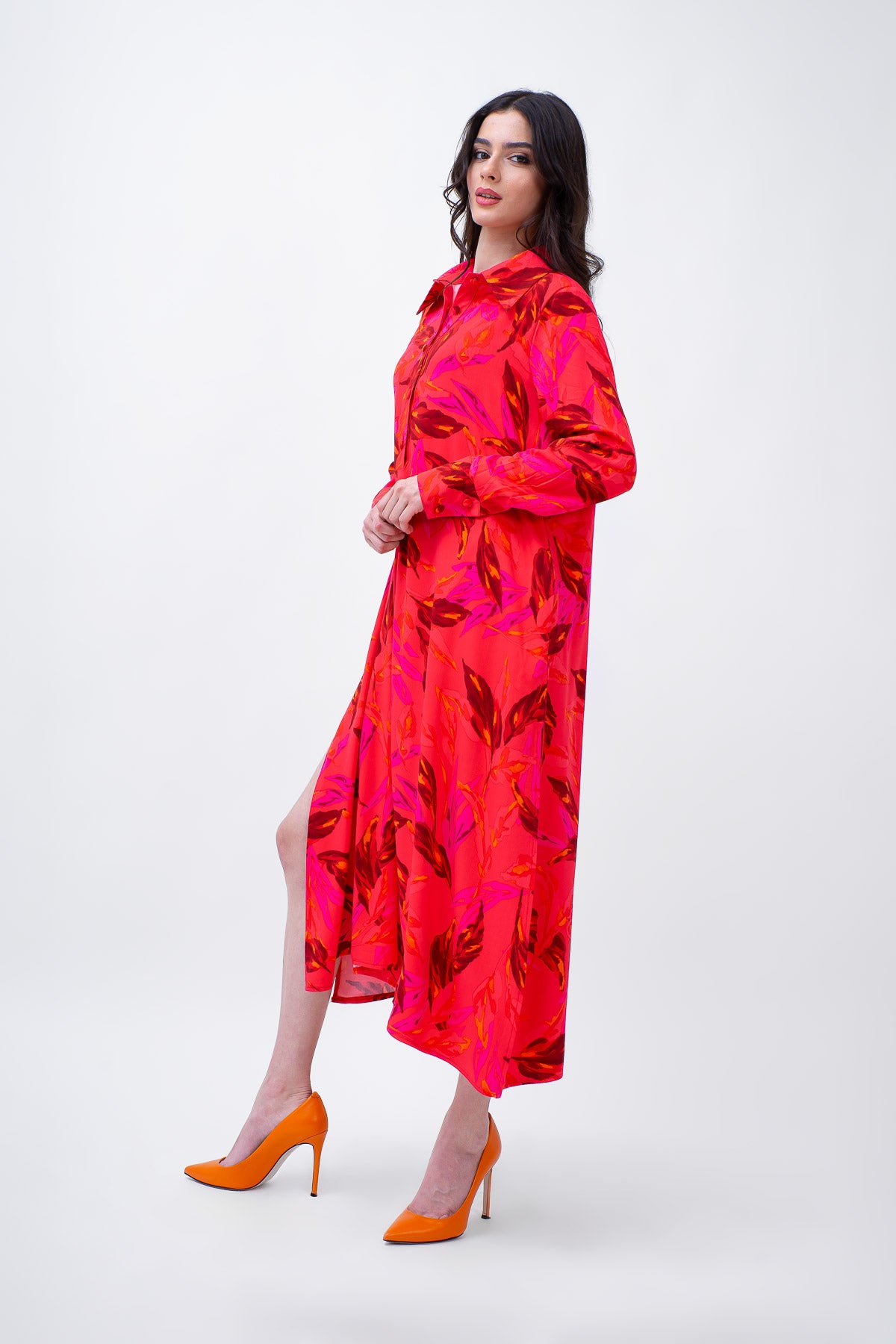 Red Printed Midi Dress With Side Slit