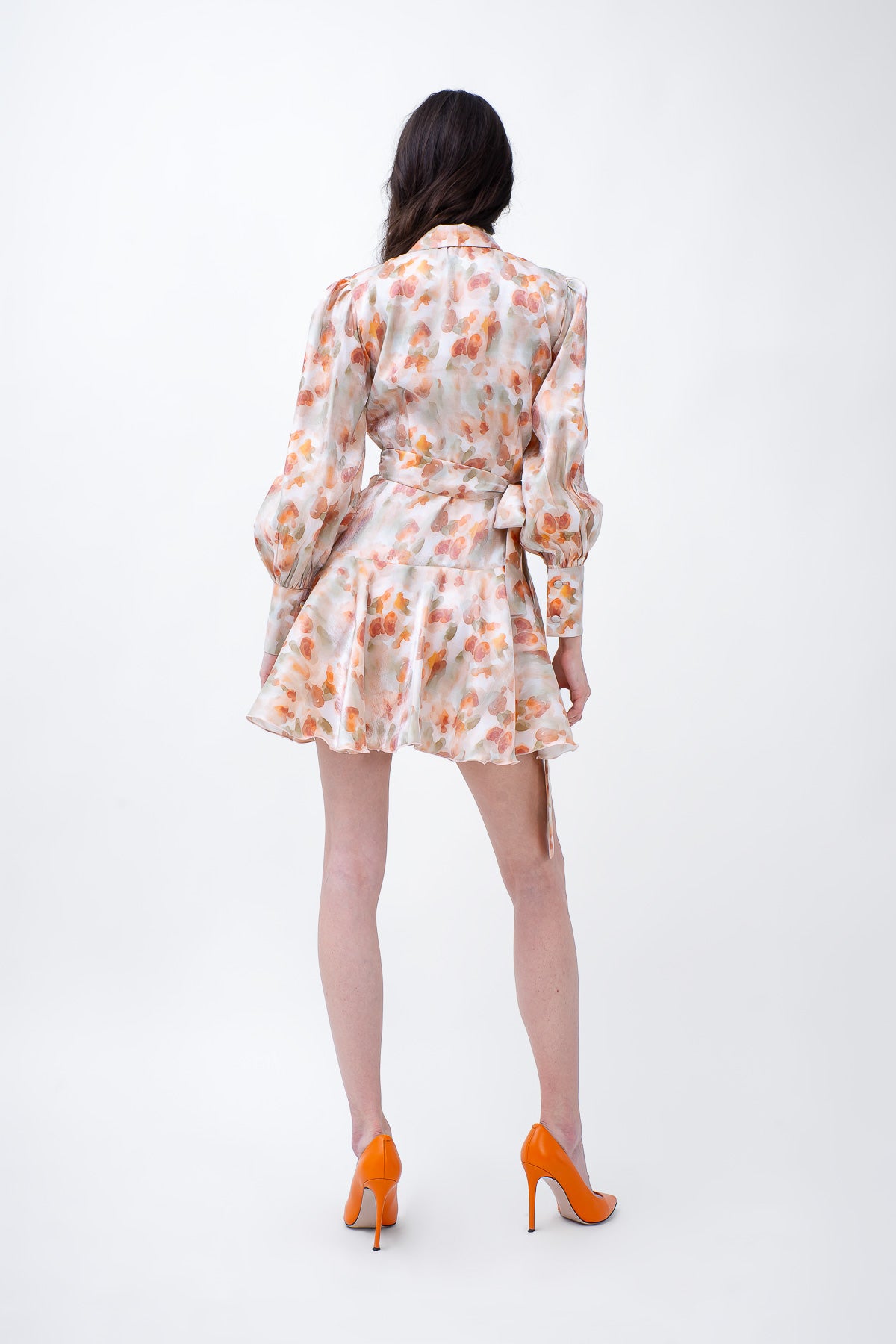 Orange Printed Mini Dress With Lapels