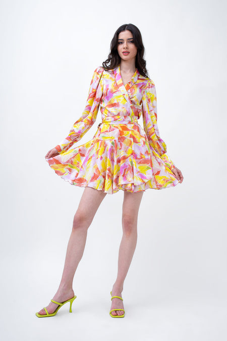 Rochie mini din print multicolor cu revere