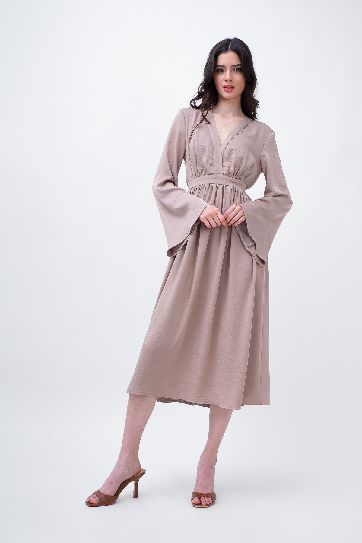Beige Midi Dress With Flared Sleeves