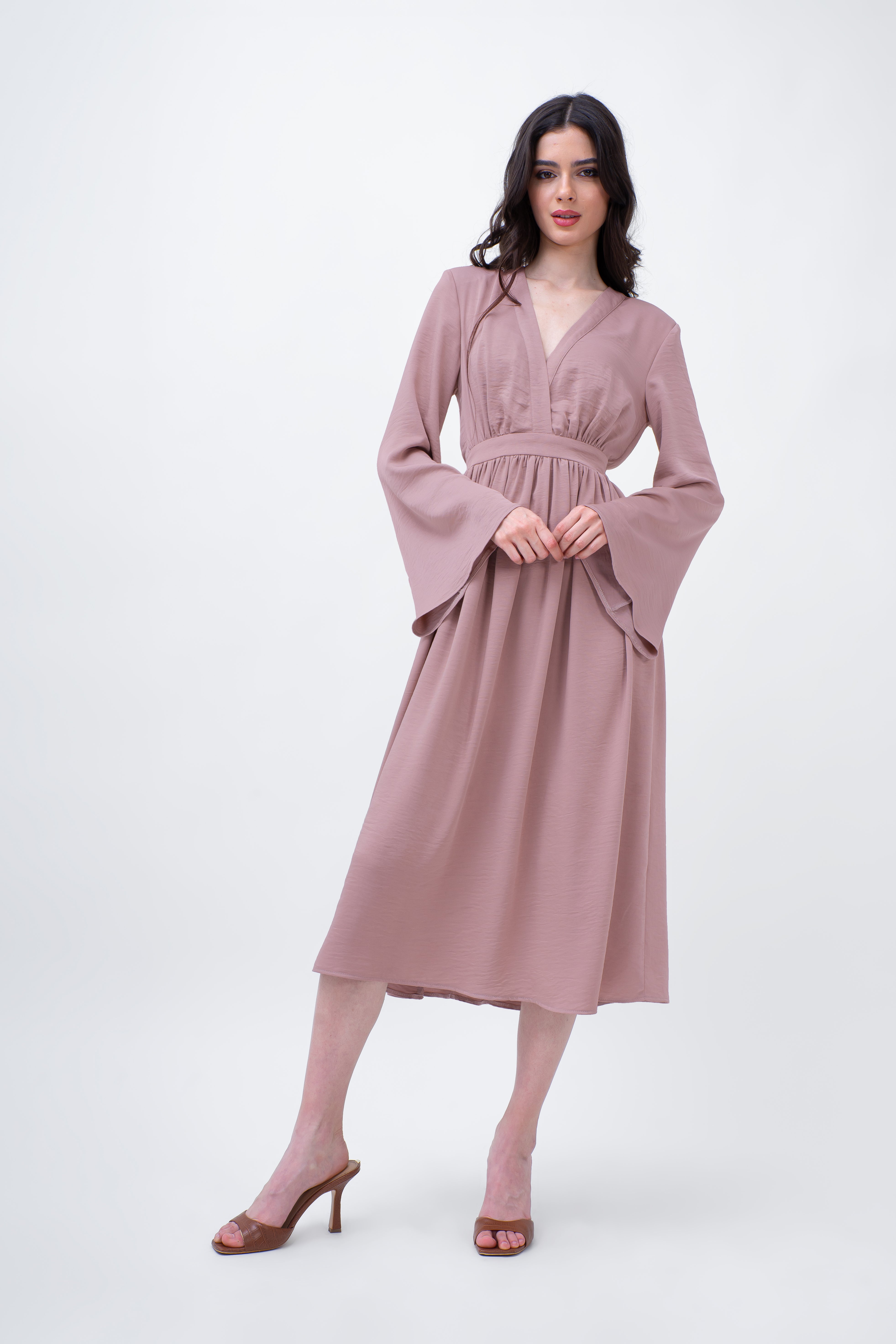 Powder Pink Midi Dress With Flared Sleeves