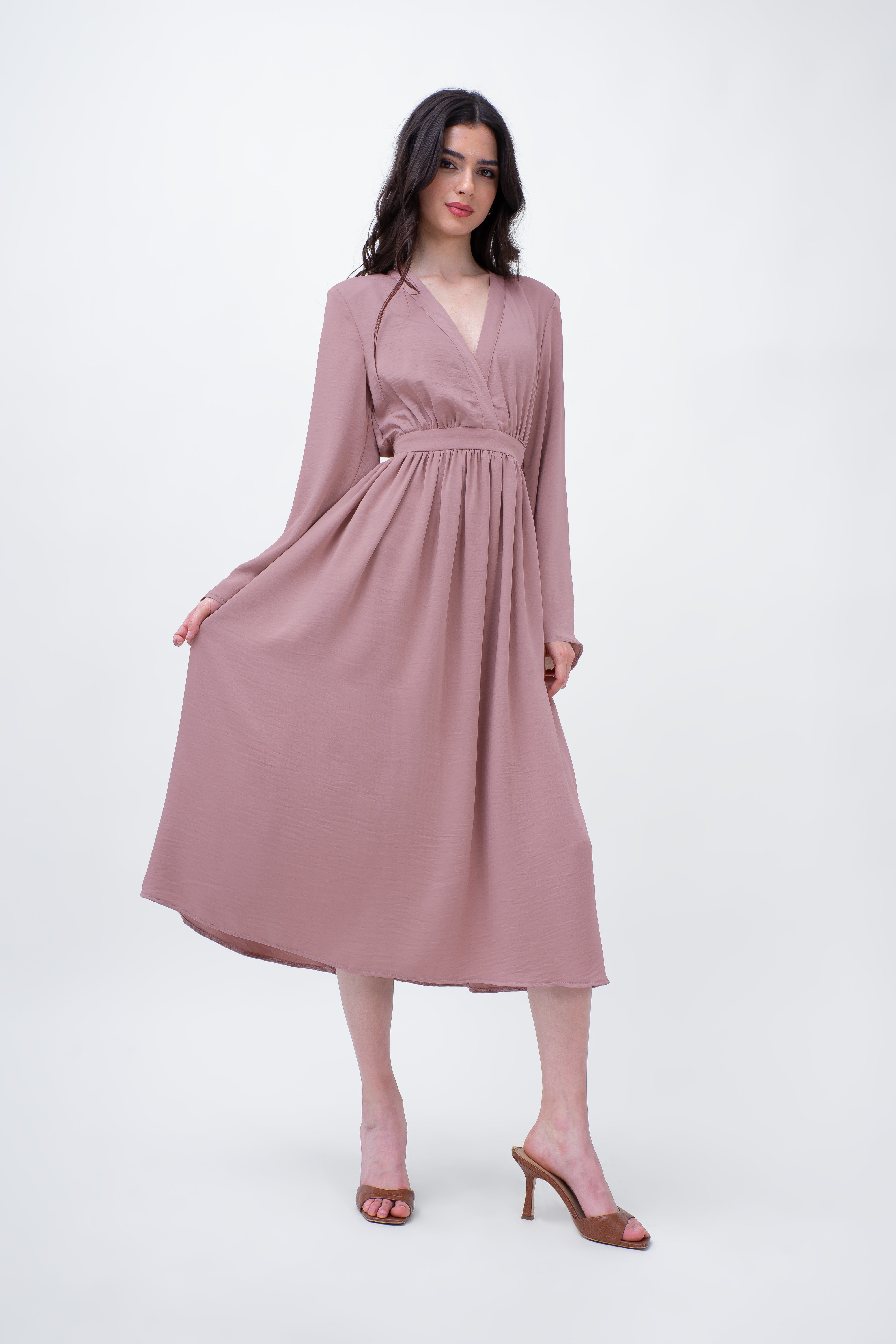 Powder Pink Midi Dress With Flared Sleeves