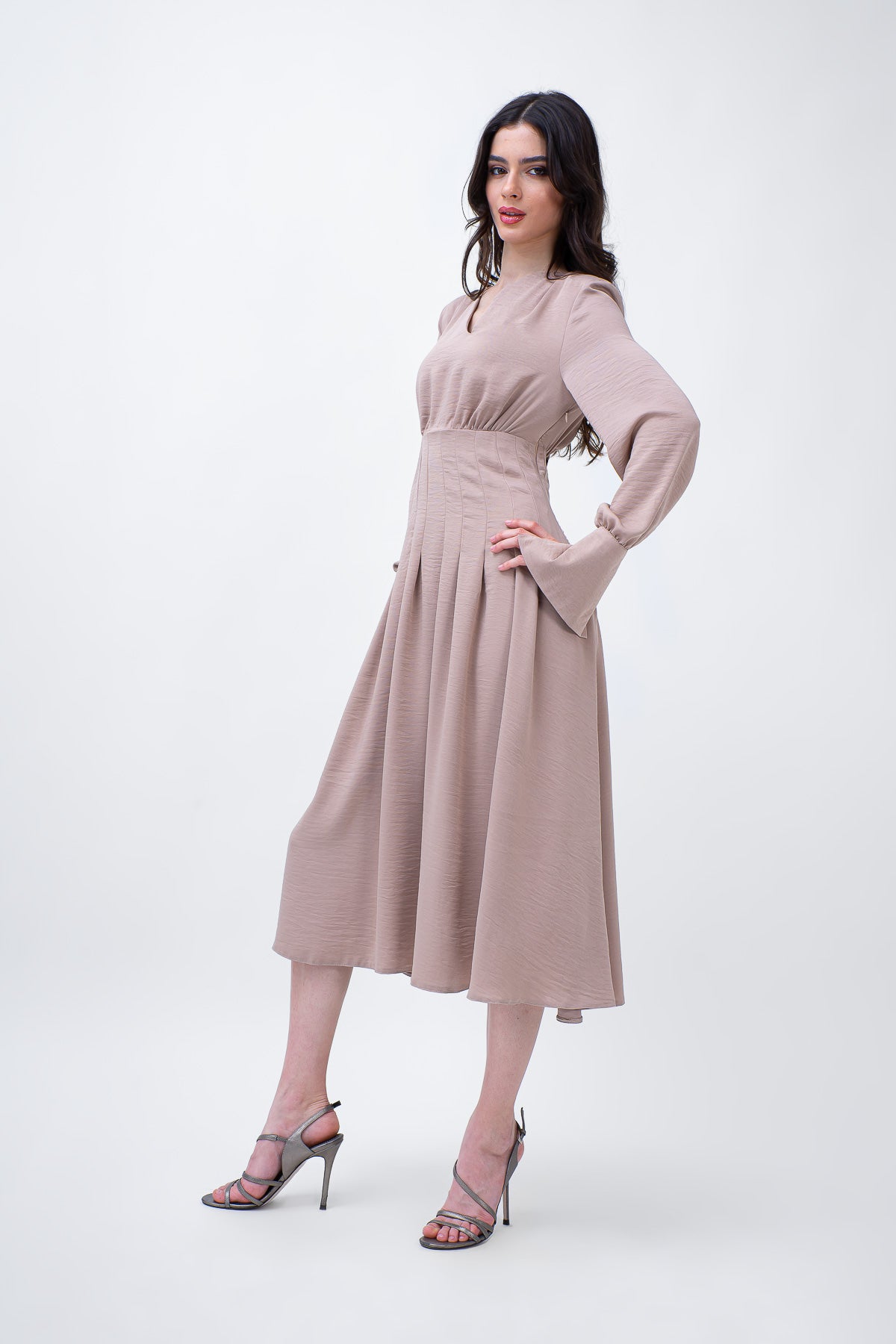 Midi beige dress with pleats and asymmetrical cut neck