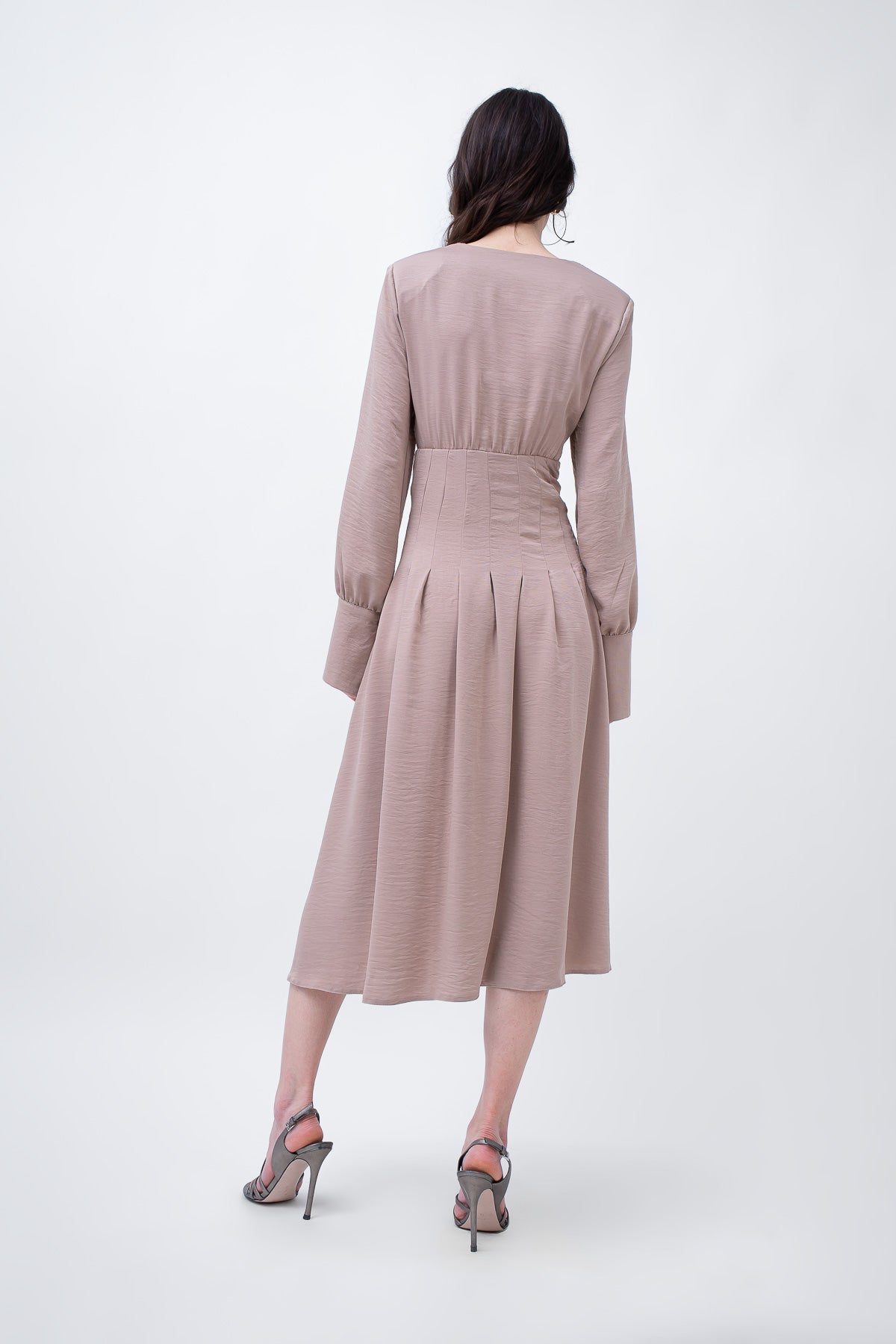 Midi beige dress with pleats and asymmetrical cut neck