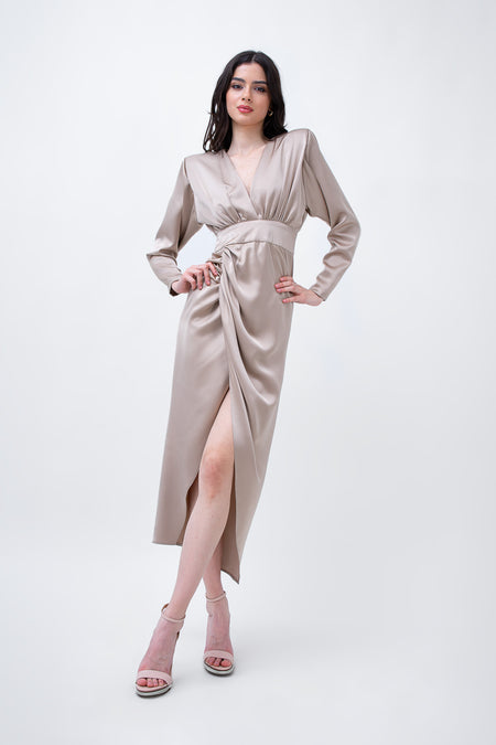 Beige Satin Midi Dress With Draping