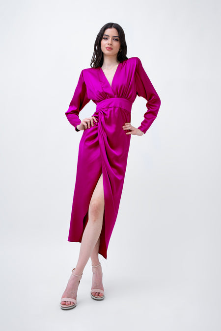 Fuchsia Satin Midi Dress With Draping