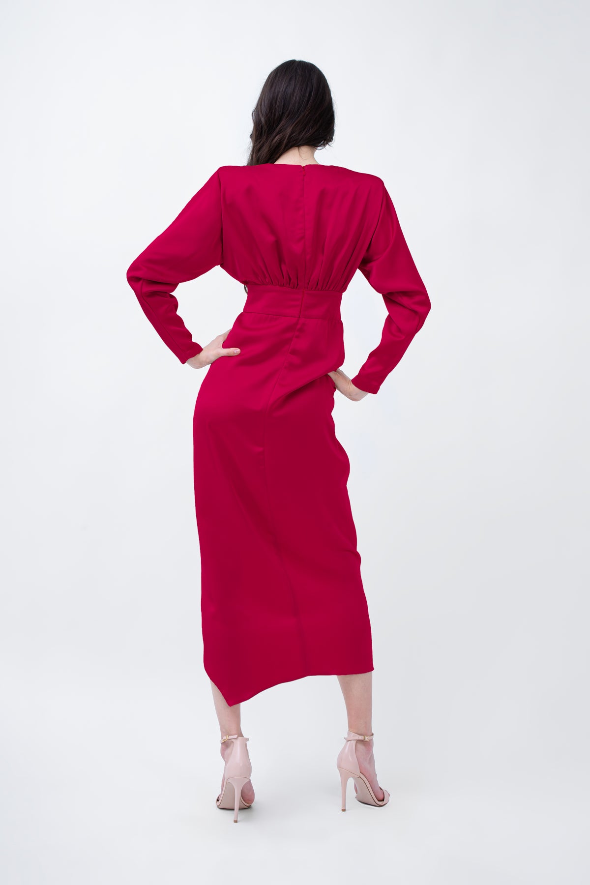 Red Satin Midi Dress With Draping