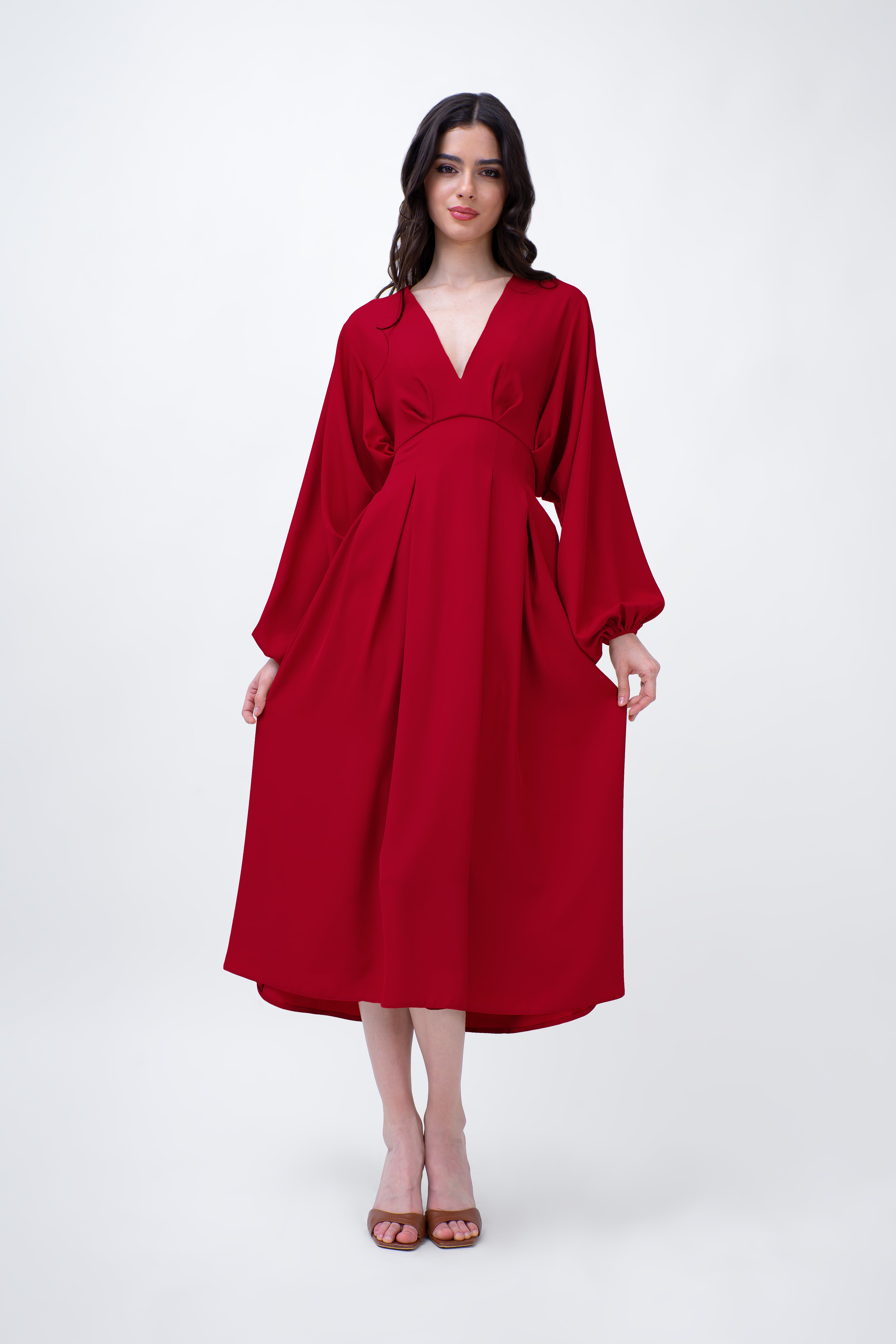 Red Midi Dress With Balloon Sleeves And V-neck