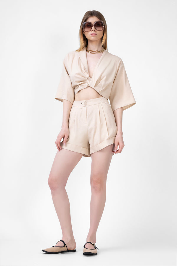 Beige Matching Set With Blouse And Short Pants