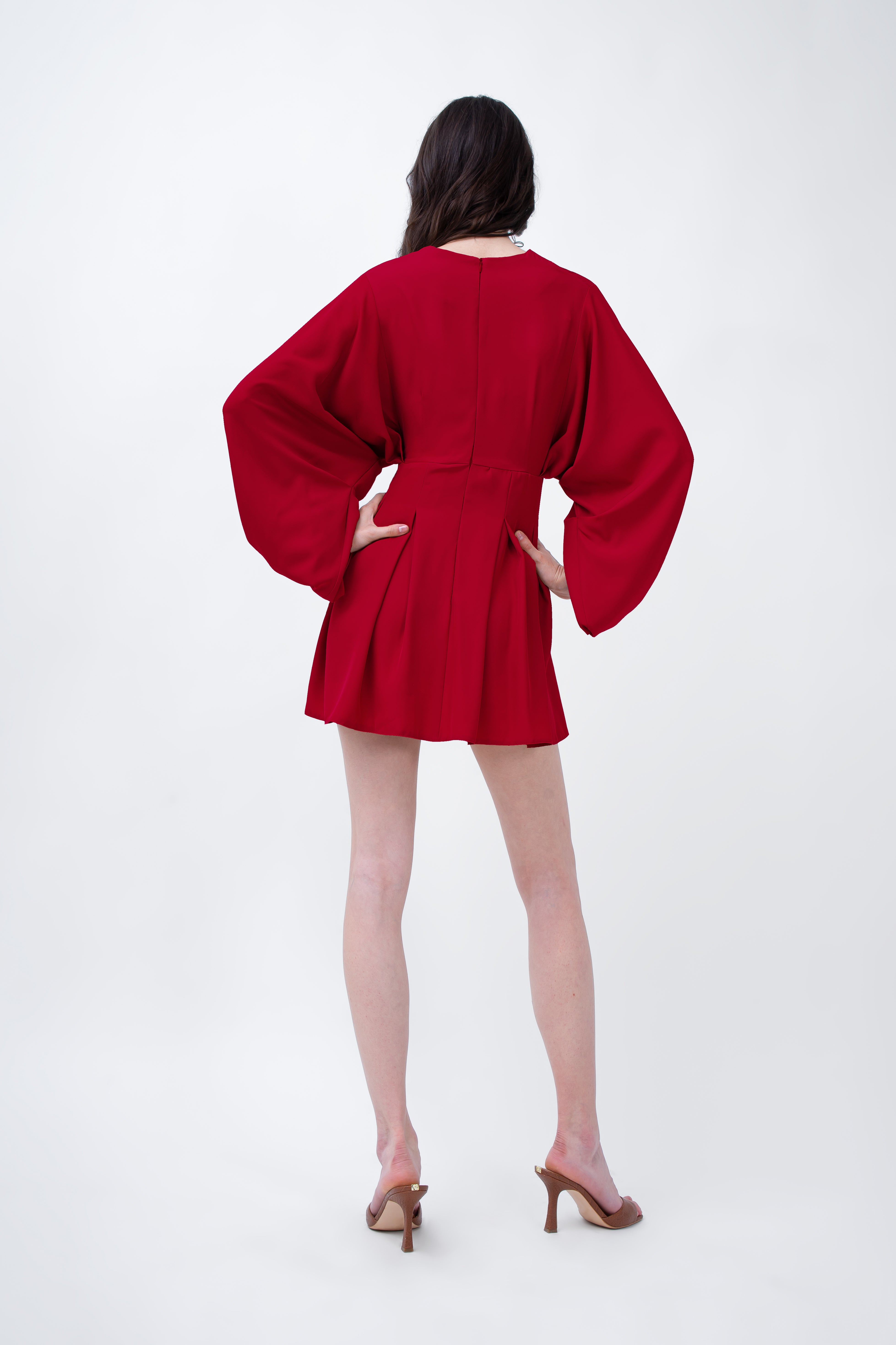 Red Mini Dress With Balloon Sleeves And V-neck