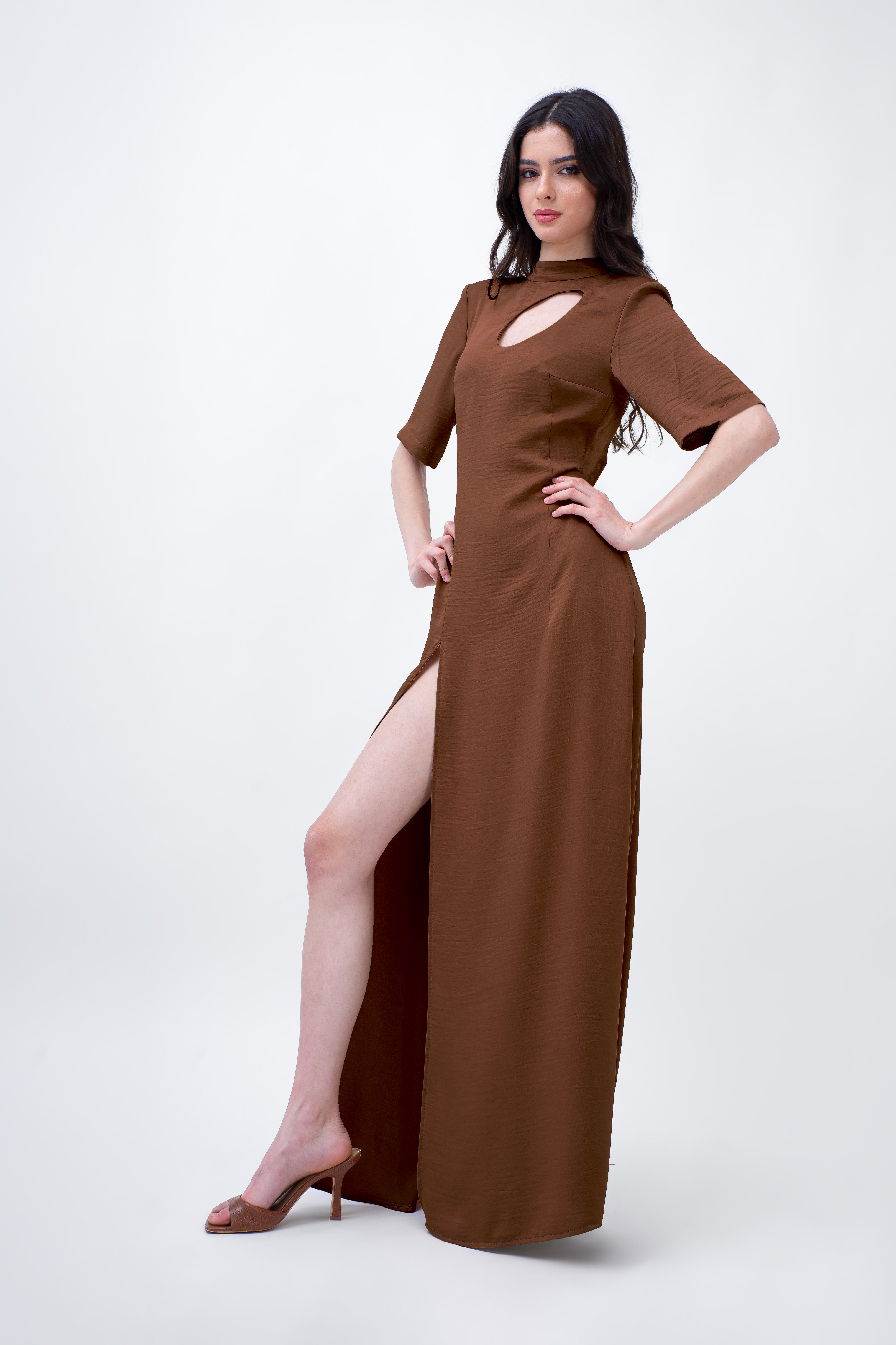 Brown Maxi Dress With Cut-Out And Slit