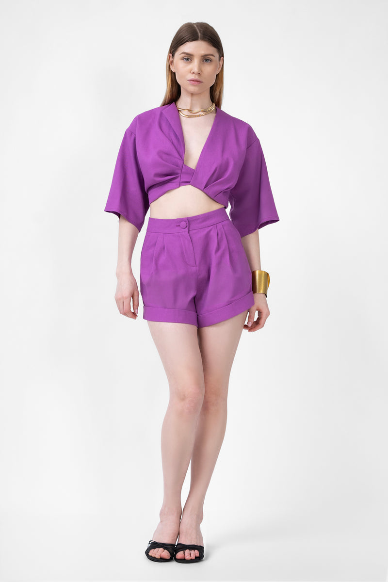 Purple Matching Set With Blouse And Short Pants