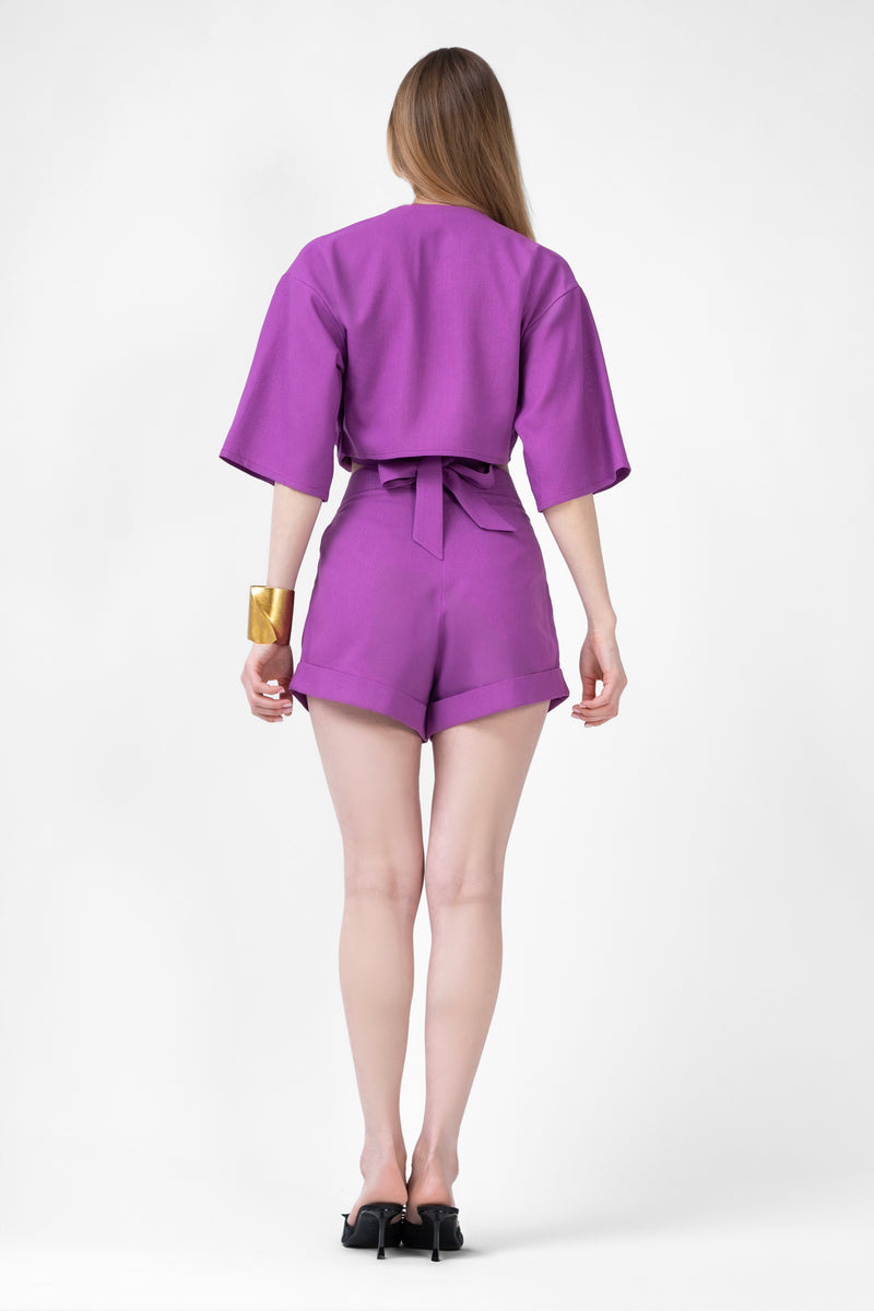 Purple Matching Set With Blouse And Short Pants