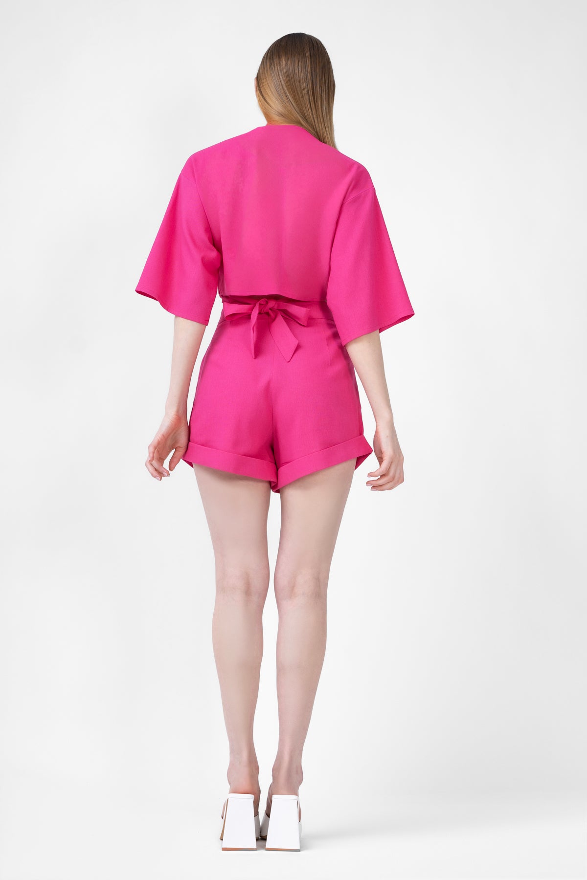 Neon Pink Matching Set With Blouse And Short Pants