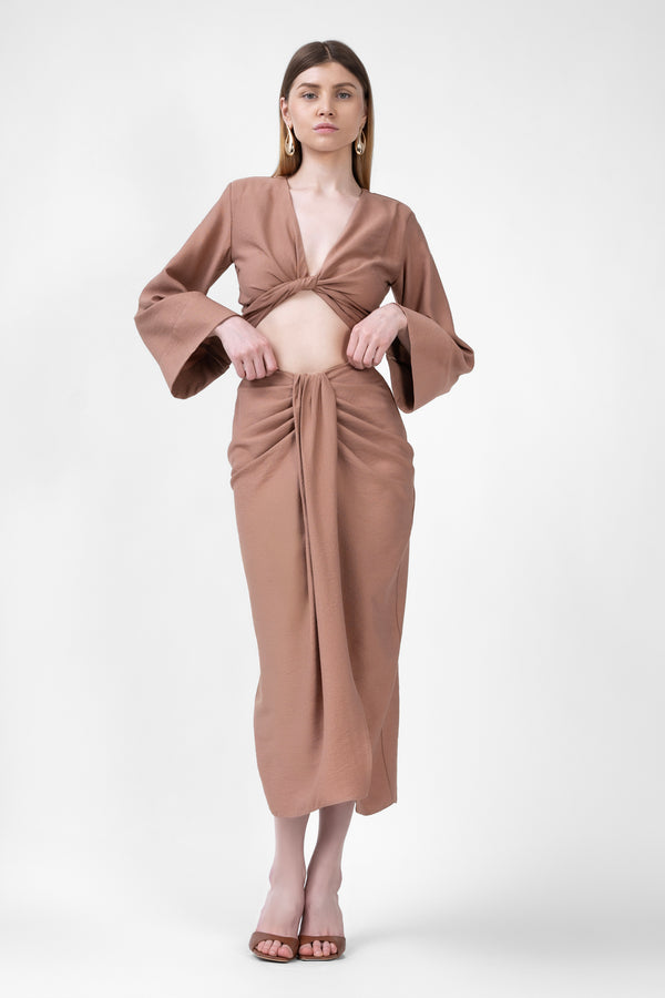 Brown Matching Set With Top And Midi Skirt