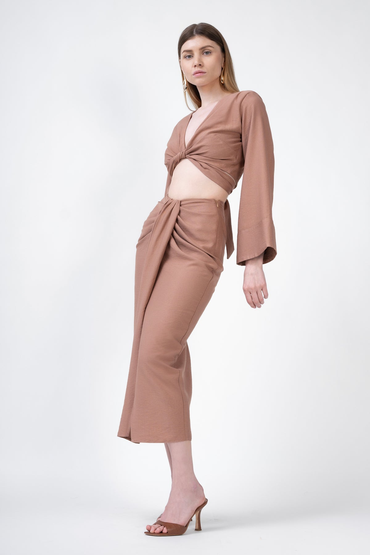 Brown Matching Set With Top And Midi Skirt