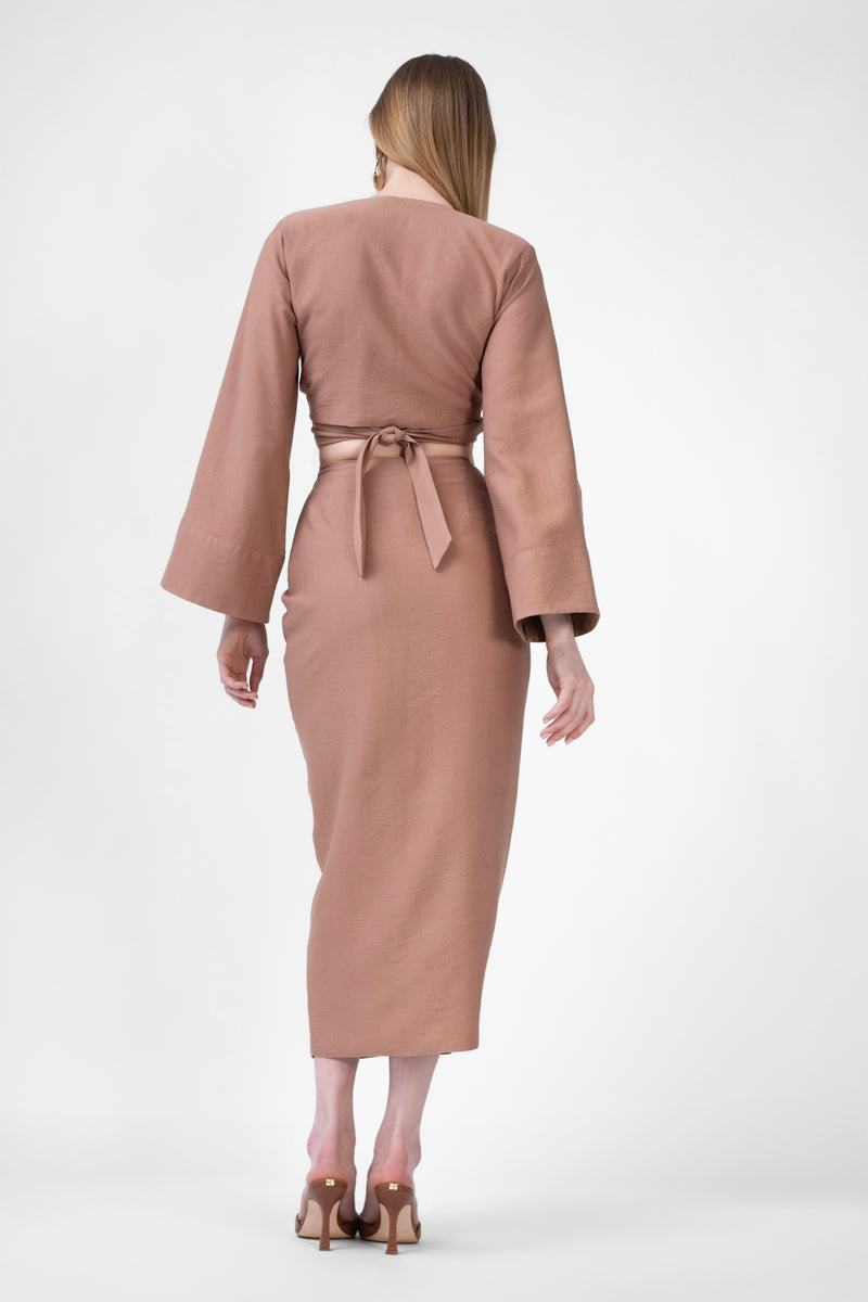 Brown Matching Set With Top And Midi Skirt