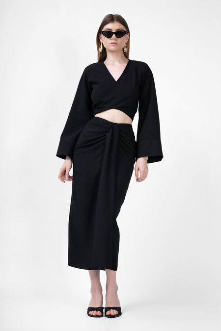 Black Matching Set With Top And Midi Skirt