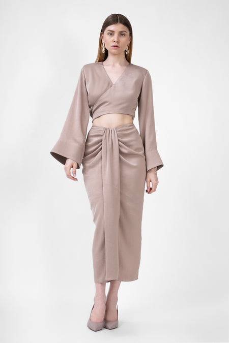 Beige Matching Set With Top And Midi Skirt