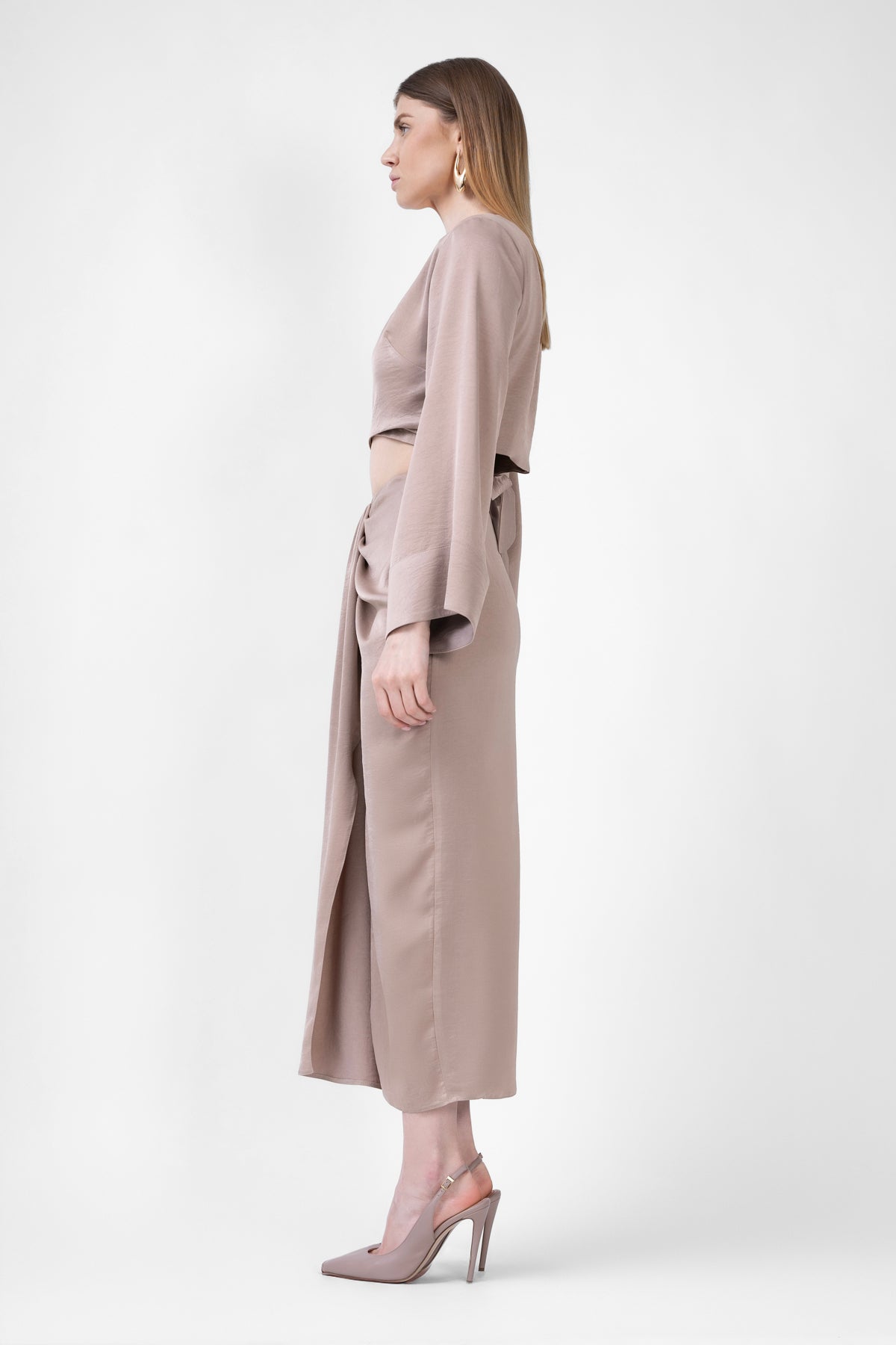 Beige Matching Set With Top And Midi Skirt