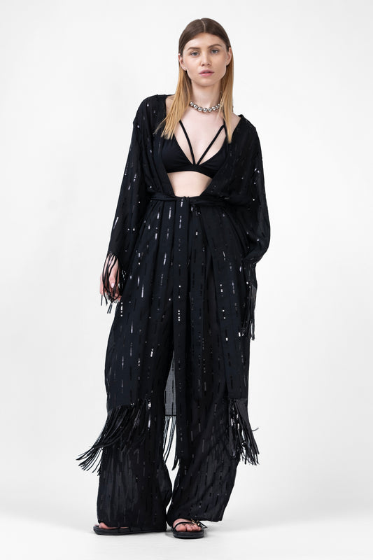 Black Matching Set With Sequin Kimono And Pants