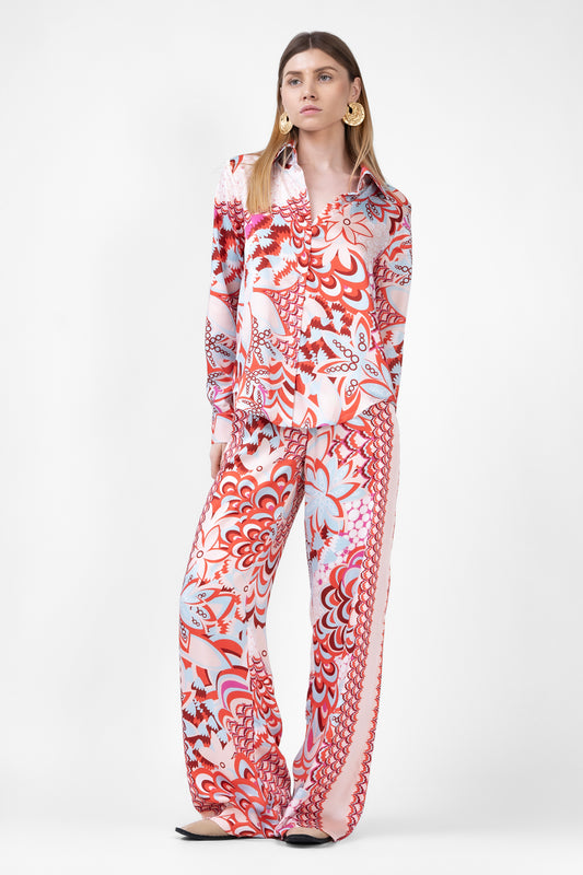 Set cu camasa si pantaloni drepti din print abstract floral