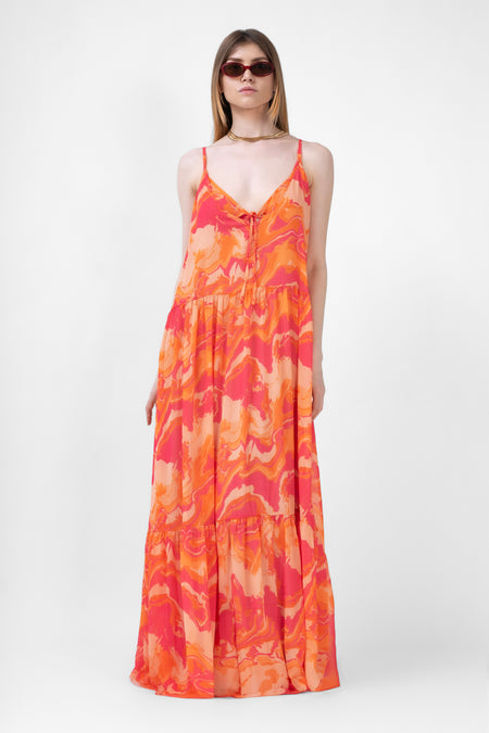 Rochie maxi portocalie din print abstract 