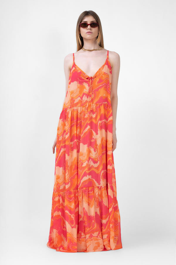 Rochie maxi portocalie din print abstract 