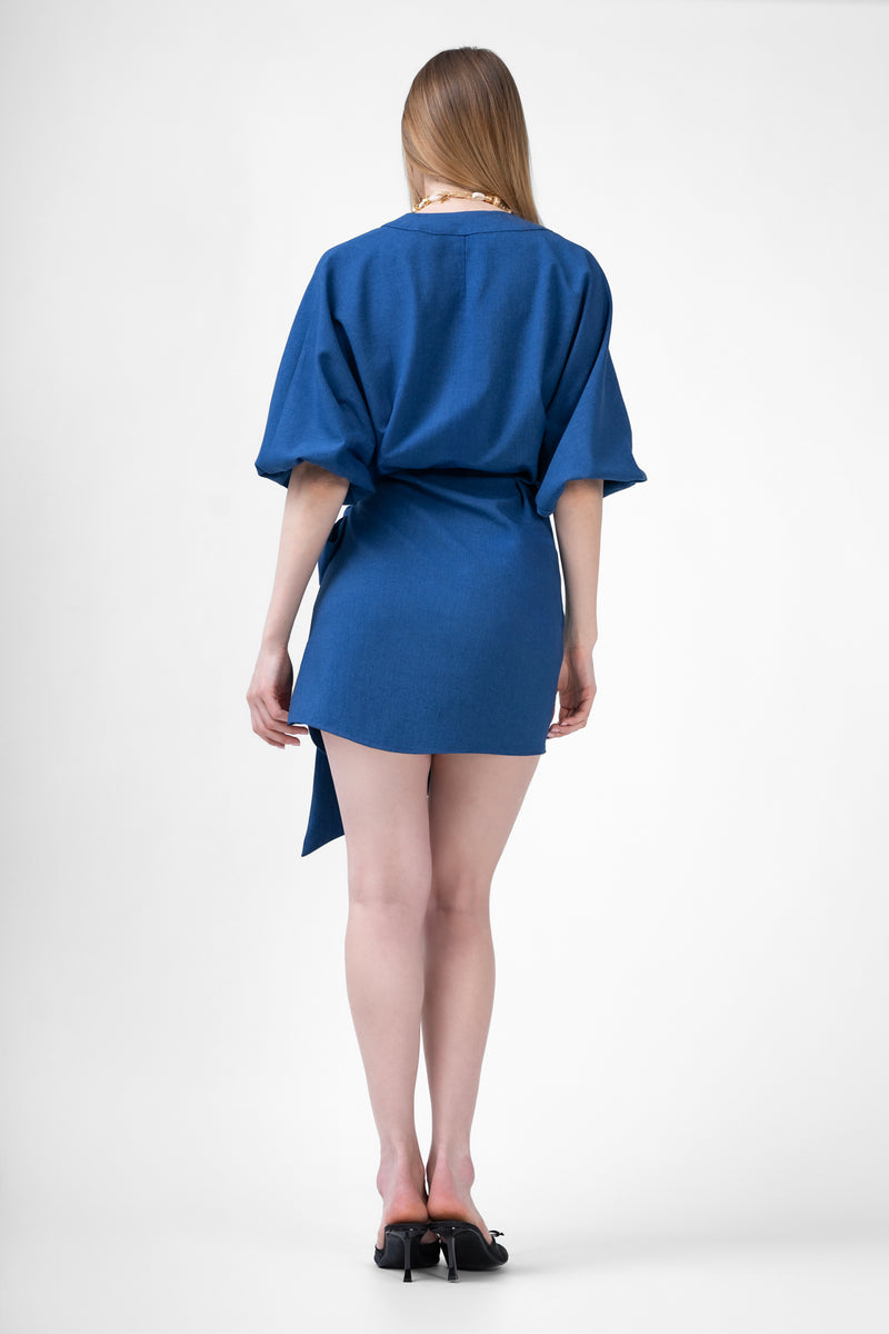 Blue Denim Mini Dress With Belt