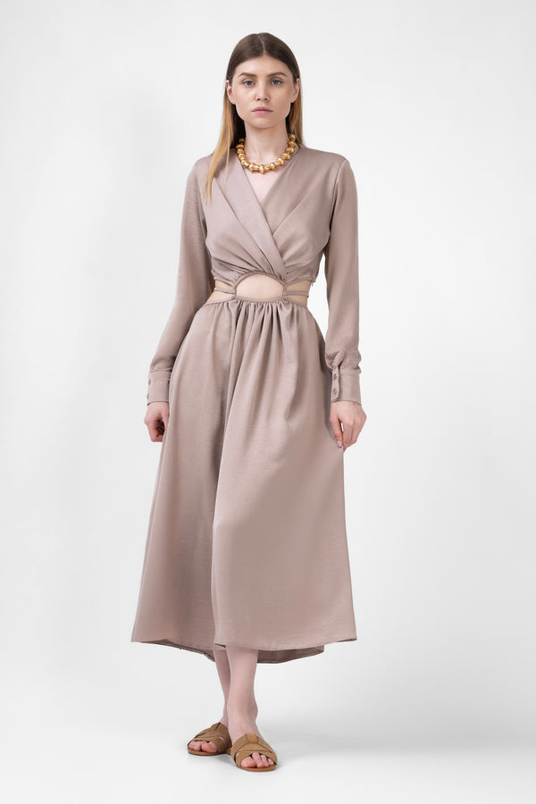 Beige Midi Dress With Waist Cut-Out