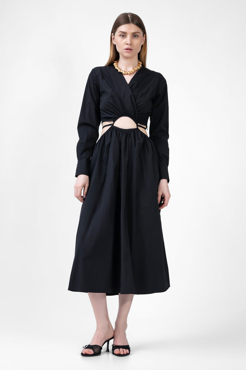 Black Midi Dress With Waist Cut-Out