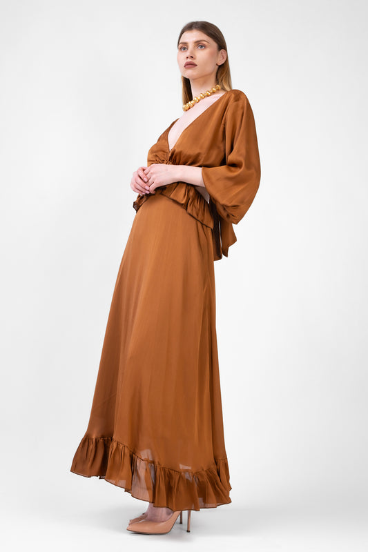 Bronze Midi Dress With V-neckline And Ruffles