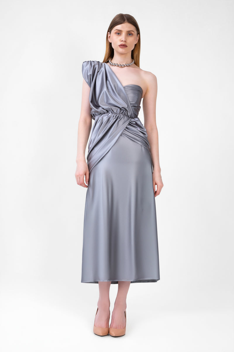 Grey Midi Dress With One Draped Shoulder