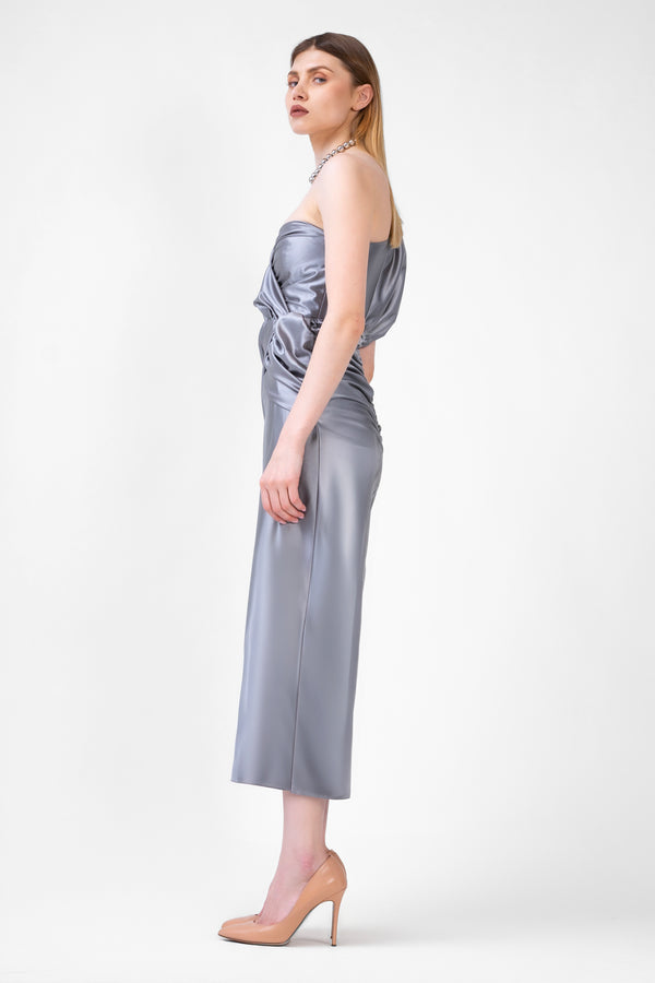 Grey Midi Dress With One Draped Shoulder