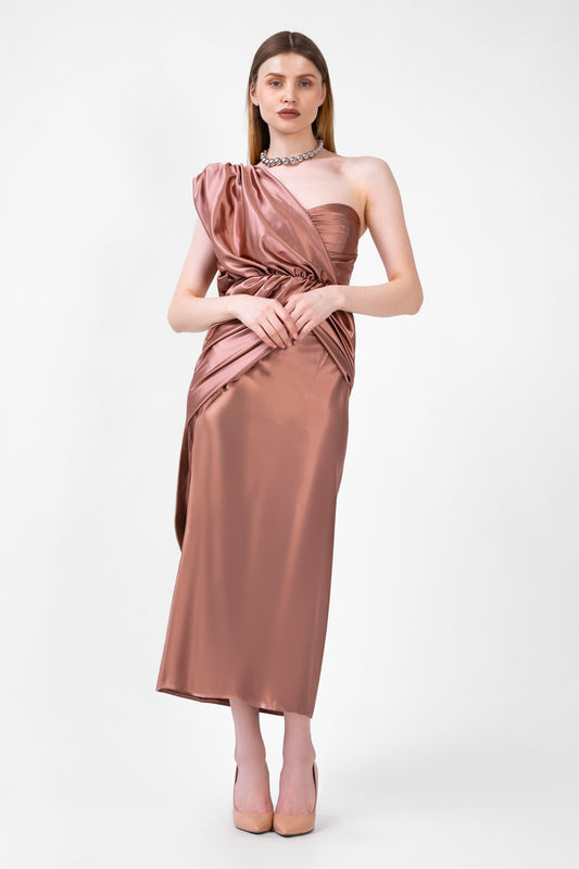 Bronze Midi Dress With One Draped Shoulder