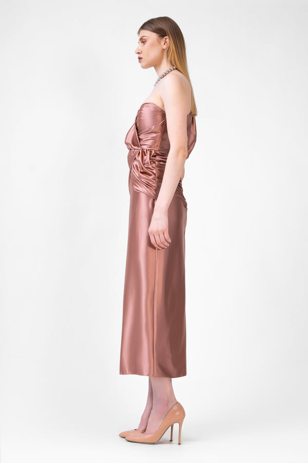 Bronze Midi Dress With One Draped Shoulder