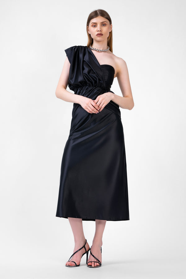 Black Midi Dress With One Draped Shoulder