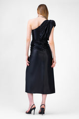 Black Midi Dress With One Draped Shoulder