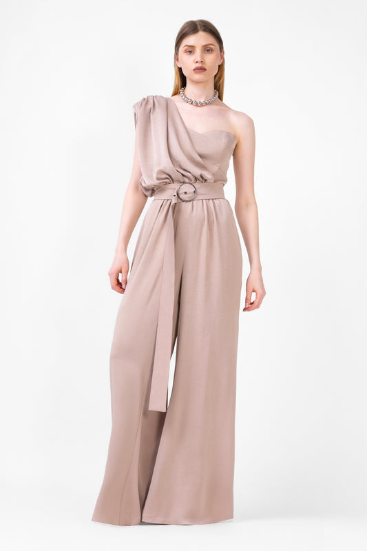 Beige Maxi Jumpsuit With Belt