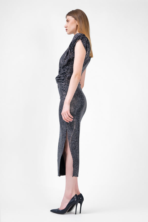 Black Midi Dress With Silver Print