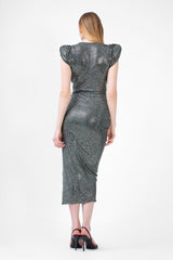 Khaki Midi Dress With Silver Print