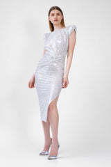 White Midi Dress With Silver Print