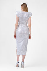 White Midi Dress With Silver Print