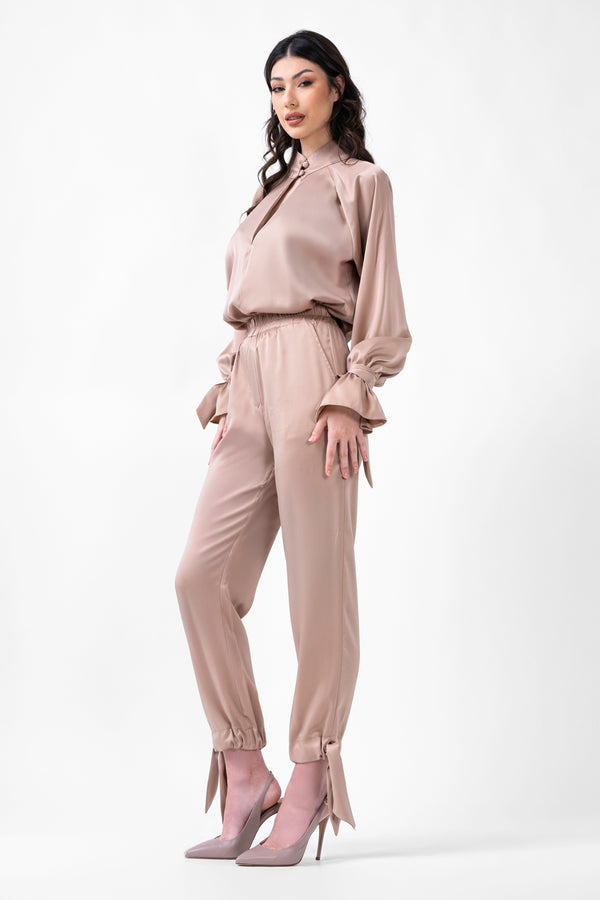 Beige Set With Blouse And Trousers With Bows