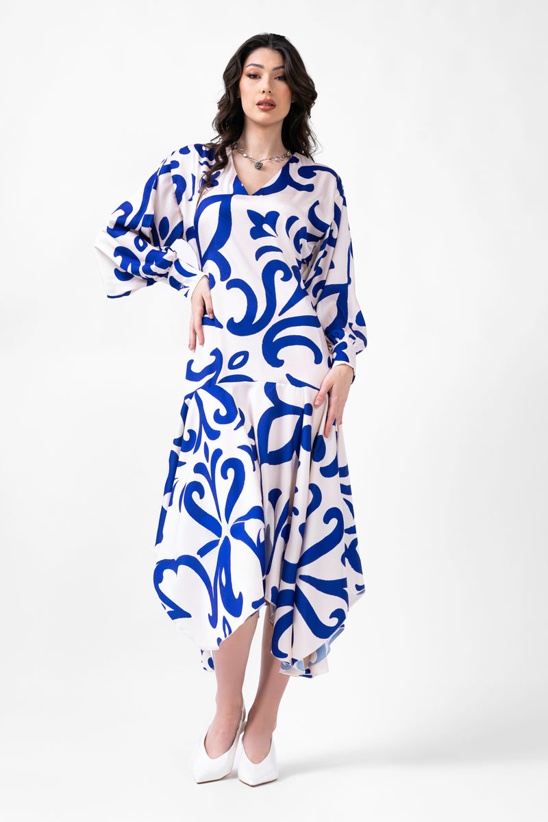 Rochie midi cu print albastru 